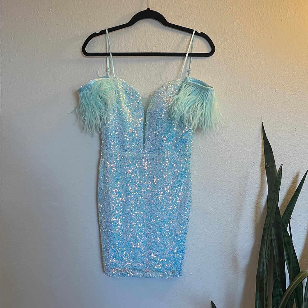 B Darlin Sparkling Sequin Mini Dress in Light Blue